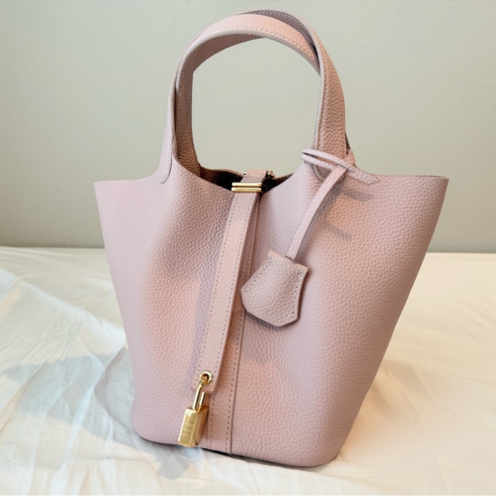 Elegant Pink Genuine Leather Tote bucket bag